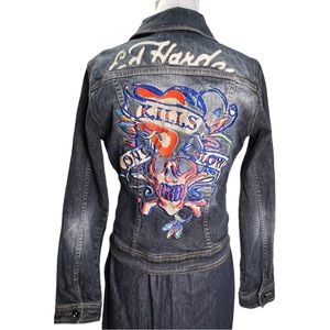 Ed Hardy By Christian‎ Audigier Embroidered Appliquéd Bling Denim Jacket Fitted